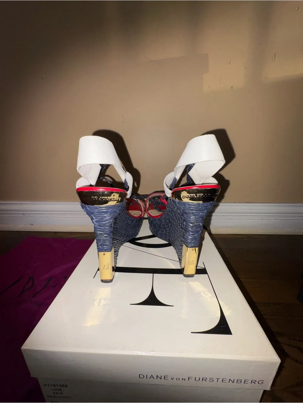 Diane Von Furstenberg Red, White and Black Lace-Up Wedge Sandals